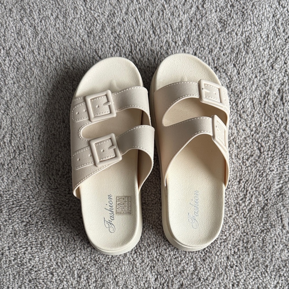 Beige Double Strap Platform Sandals